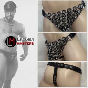 Leathermasters Handmade Leather and Chainmail Pouch Thong 28-32" waist adjusts